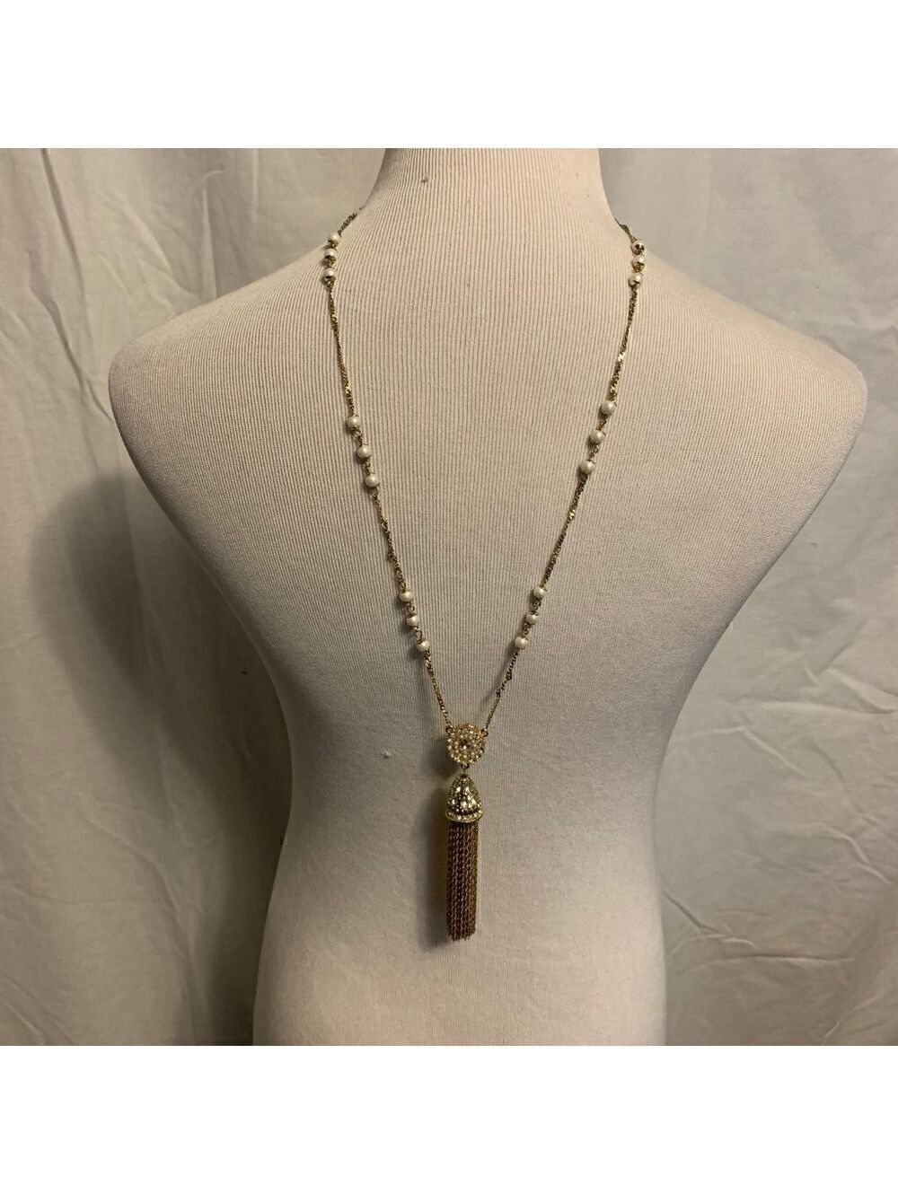 Gold and Pearl Long Tassel Necklace